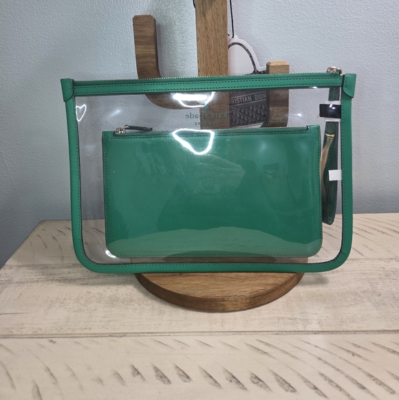 Kate Spade Addie See Through Pouch in clear PVC with Wristlet Set, Snow Pea LN - Picture 2 of 14